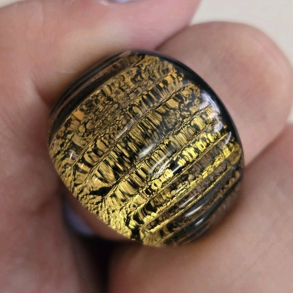 Murano Style Black & Gold Art Glass Dome Ring Statement Jewelry Size 7.5